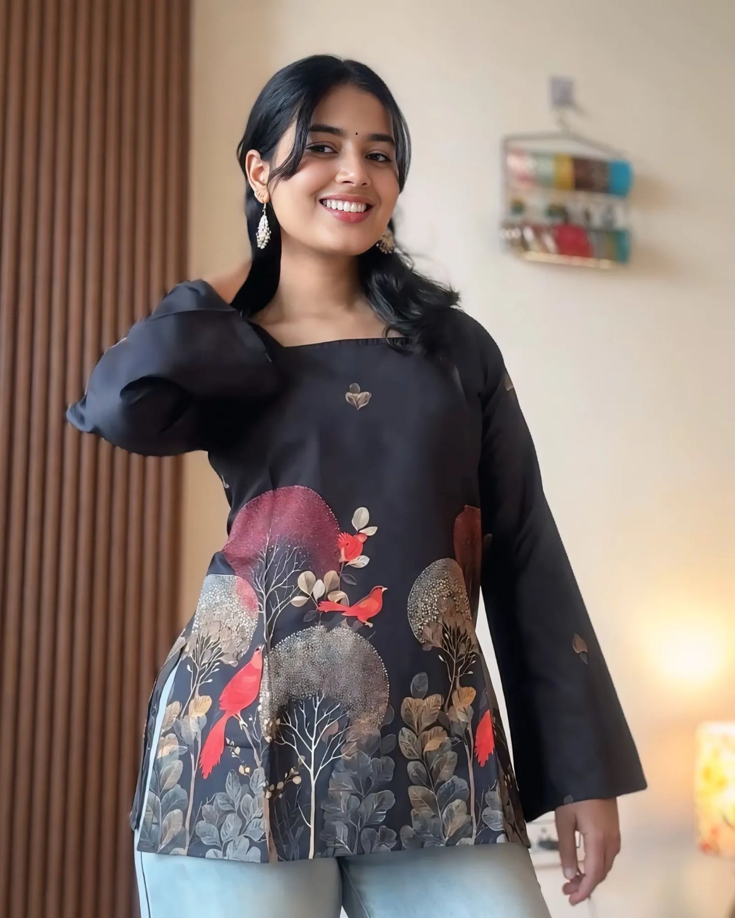 Luxury Black Botanical Bird Print Kurti