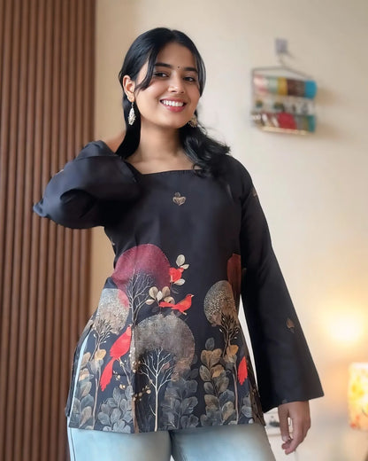 Luxury Black Botanical Bird Print Kurti