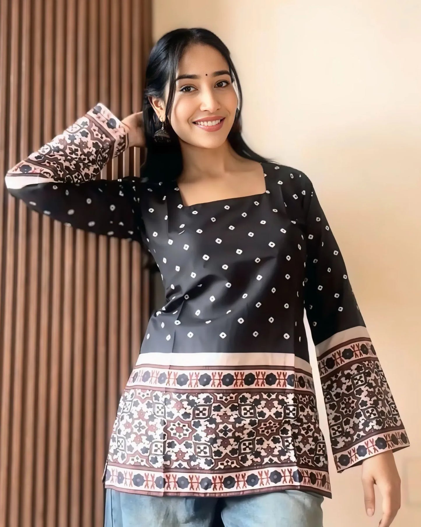 Black Classic Border Print Designer Kurti