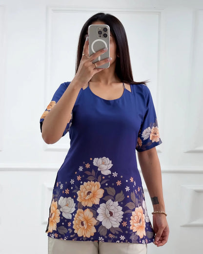 Midnight Blue Floral Border Kurti Top