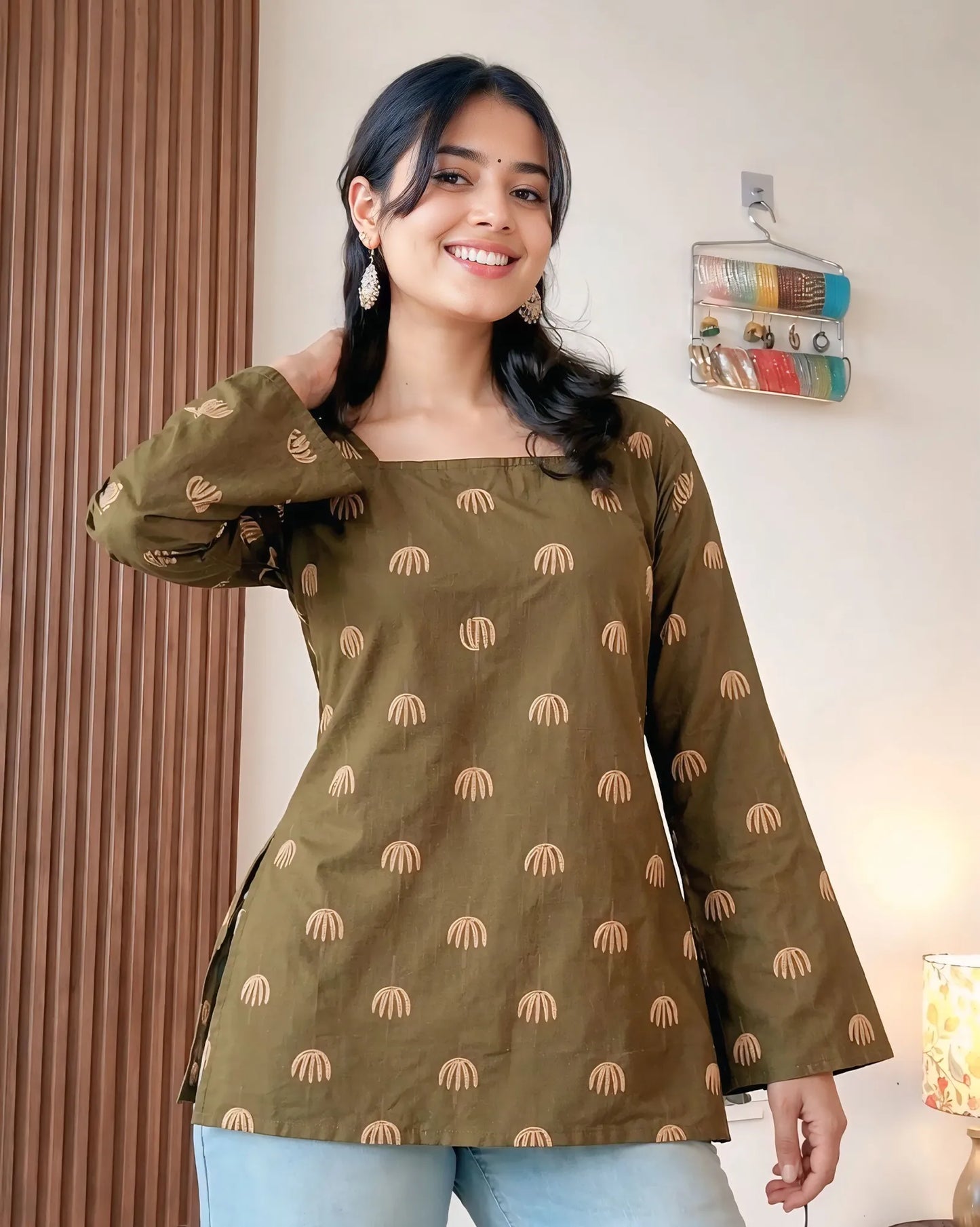 Earthy Olive Motif Elegant Kurti Top