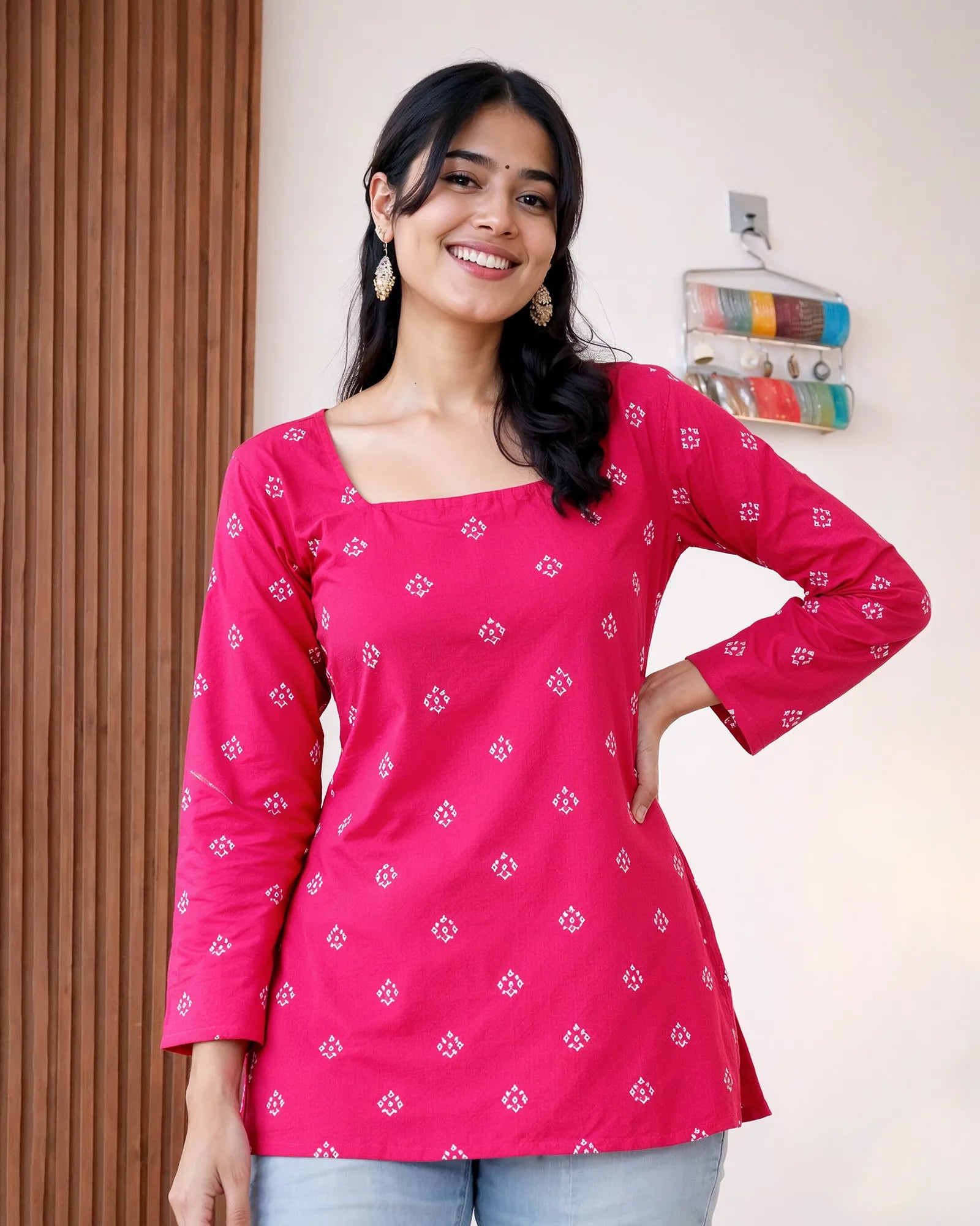 Stylish Pink Bandhani Kurti