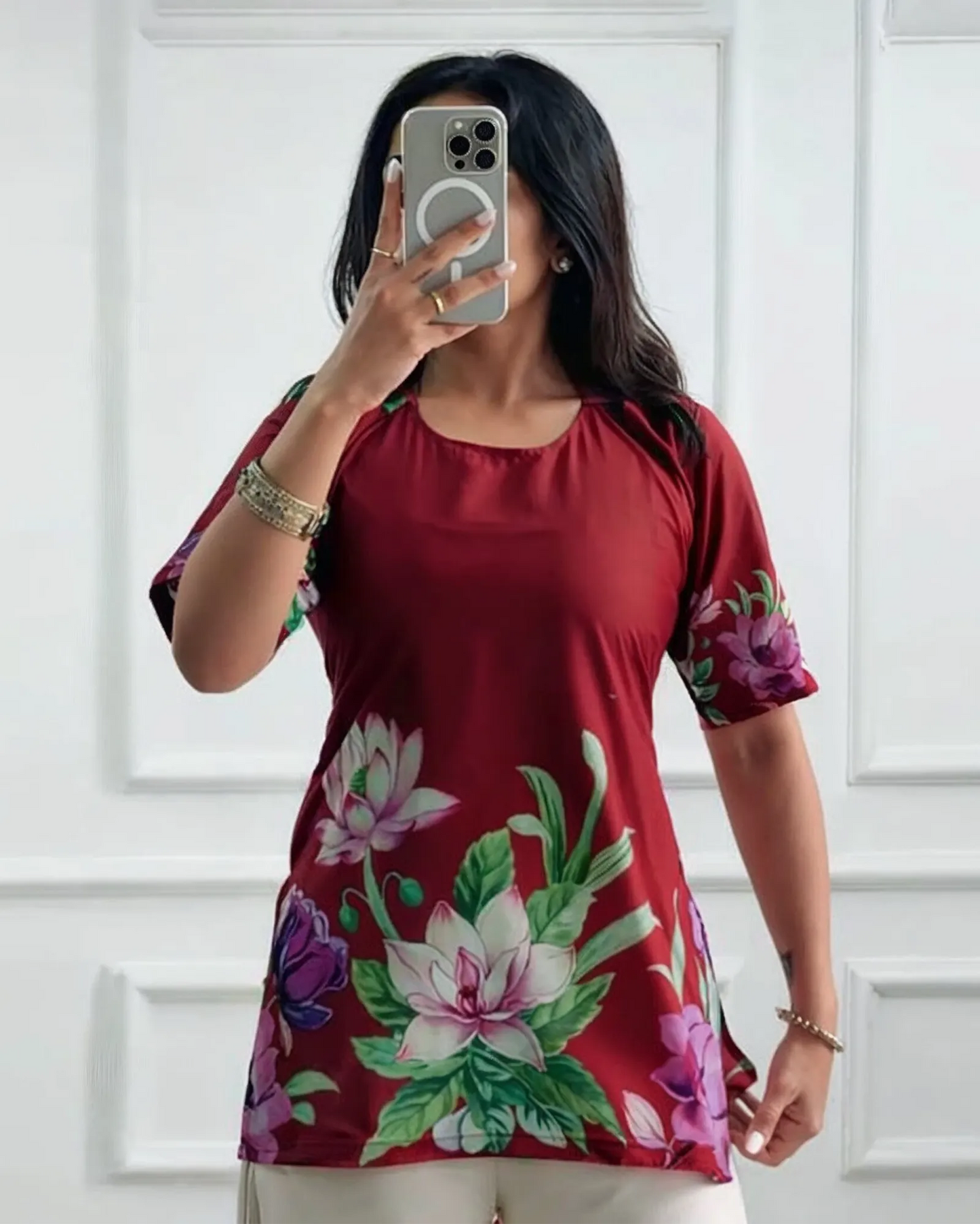 Ruby Red Bloom Floral Kurti Top