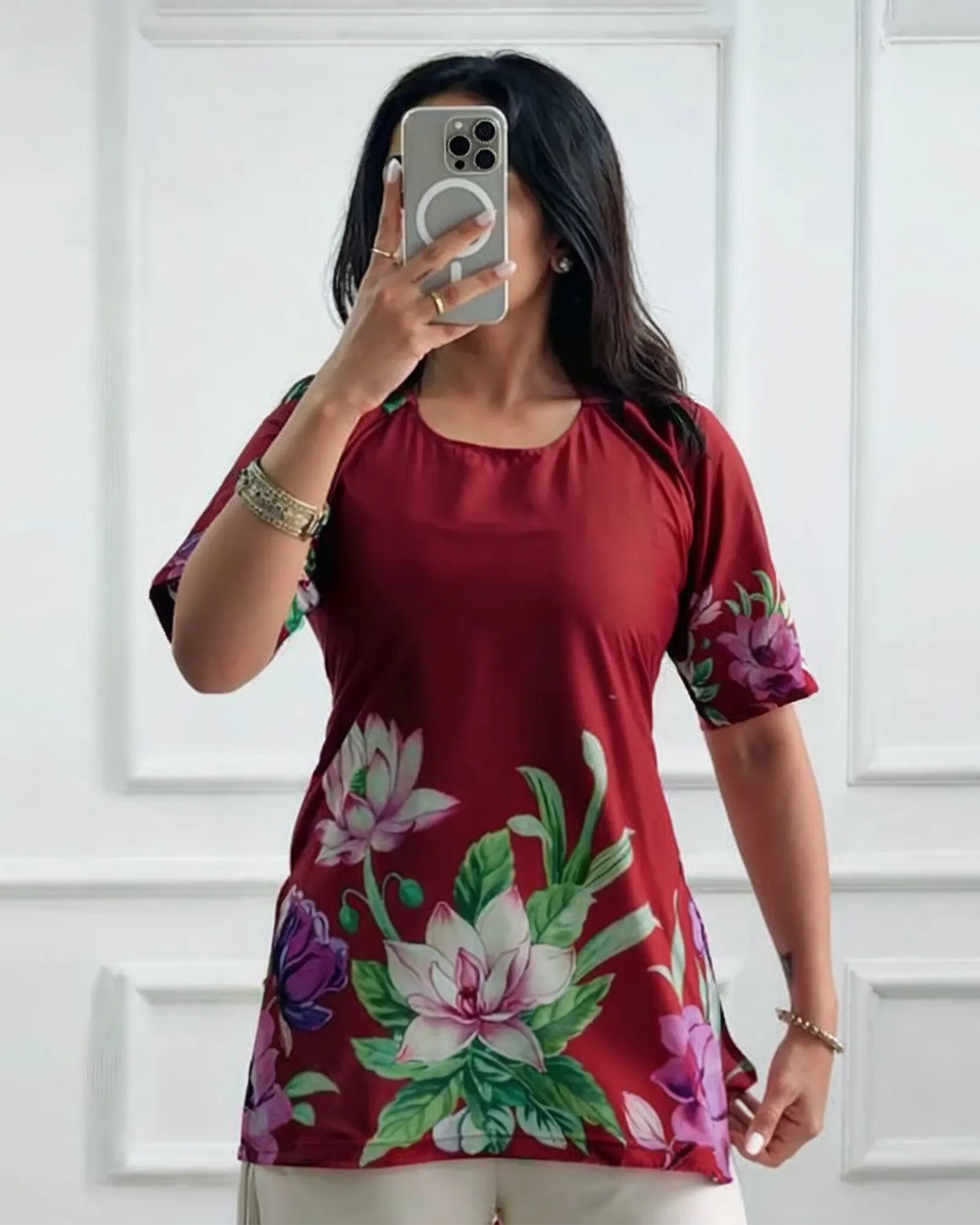 Ruby Red Bloom Floral Kurti Top