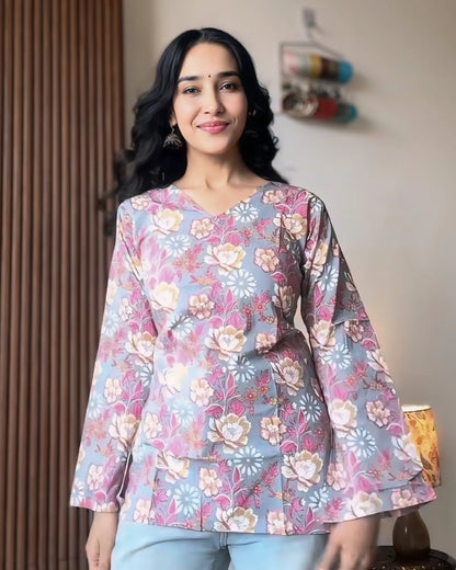 Blush Blue Floral Print Designer Kurti