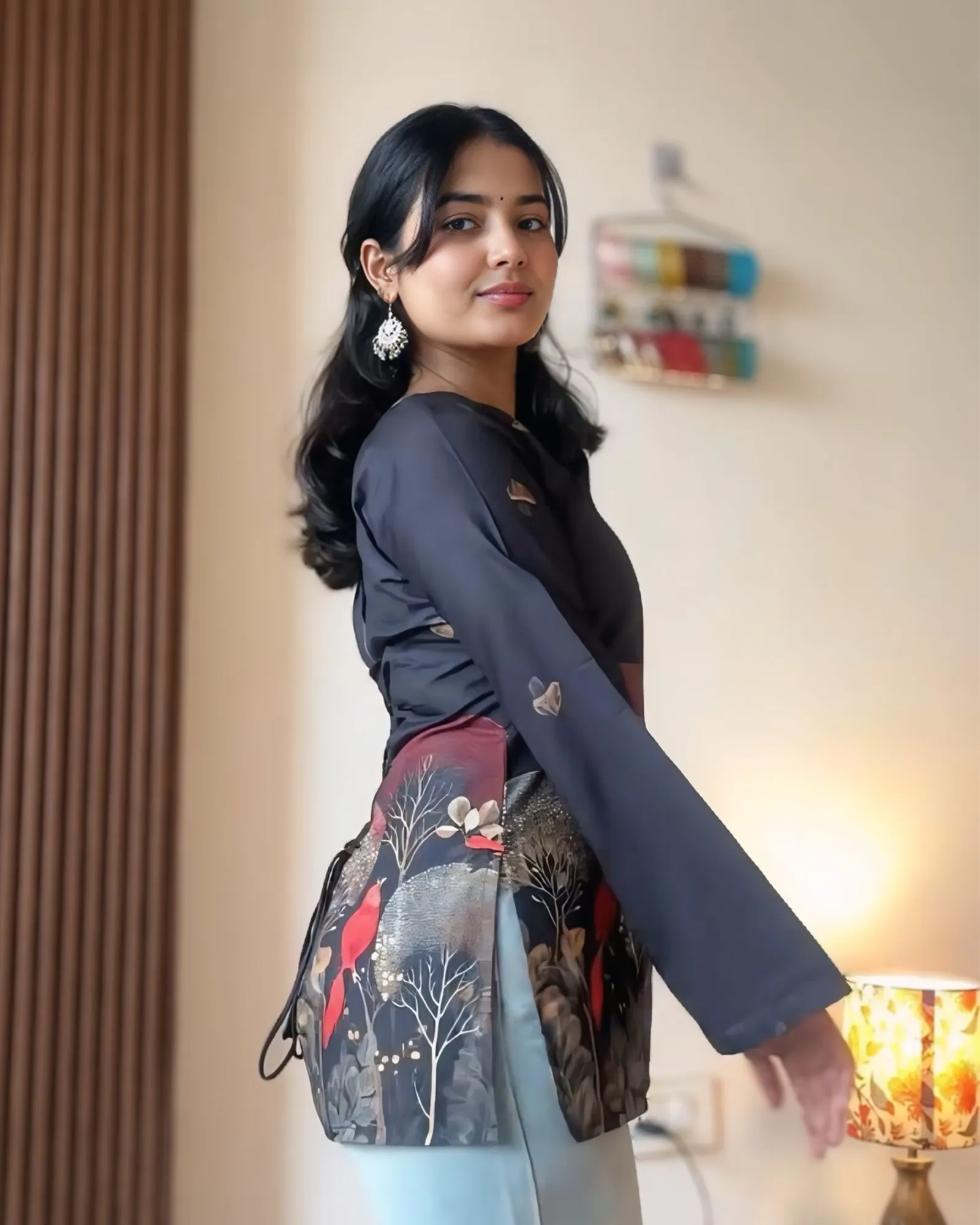 Luxury Black Botanical Bird Print Kurti