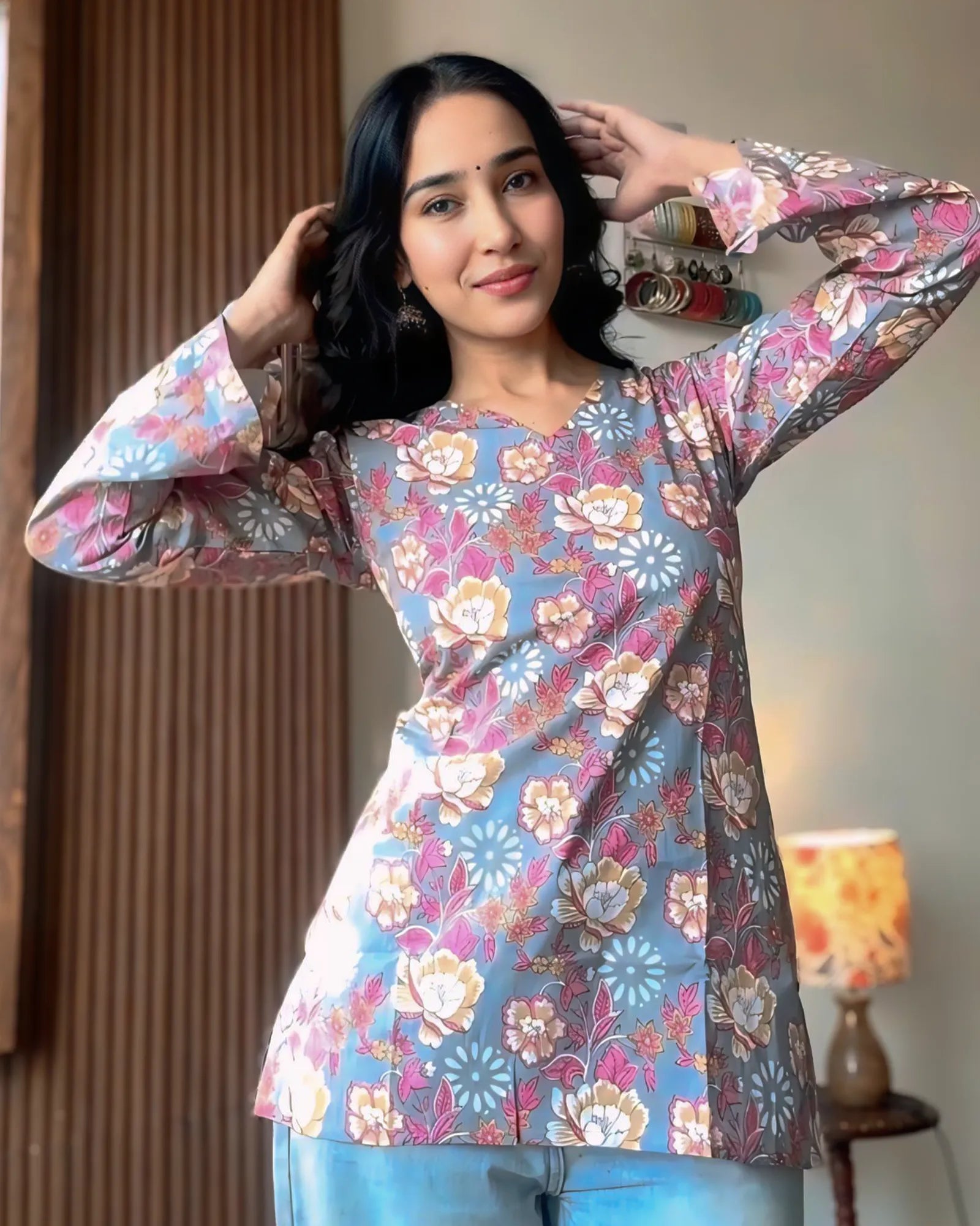 Blush Blue Floral Print Designer Kurti