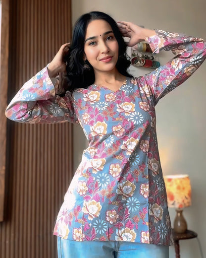 Blush Blue Floral Print Designer Kurti