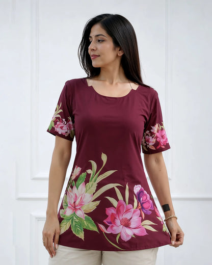 Deep Wine Floral Chic Kurti Top