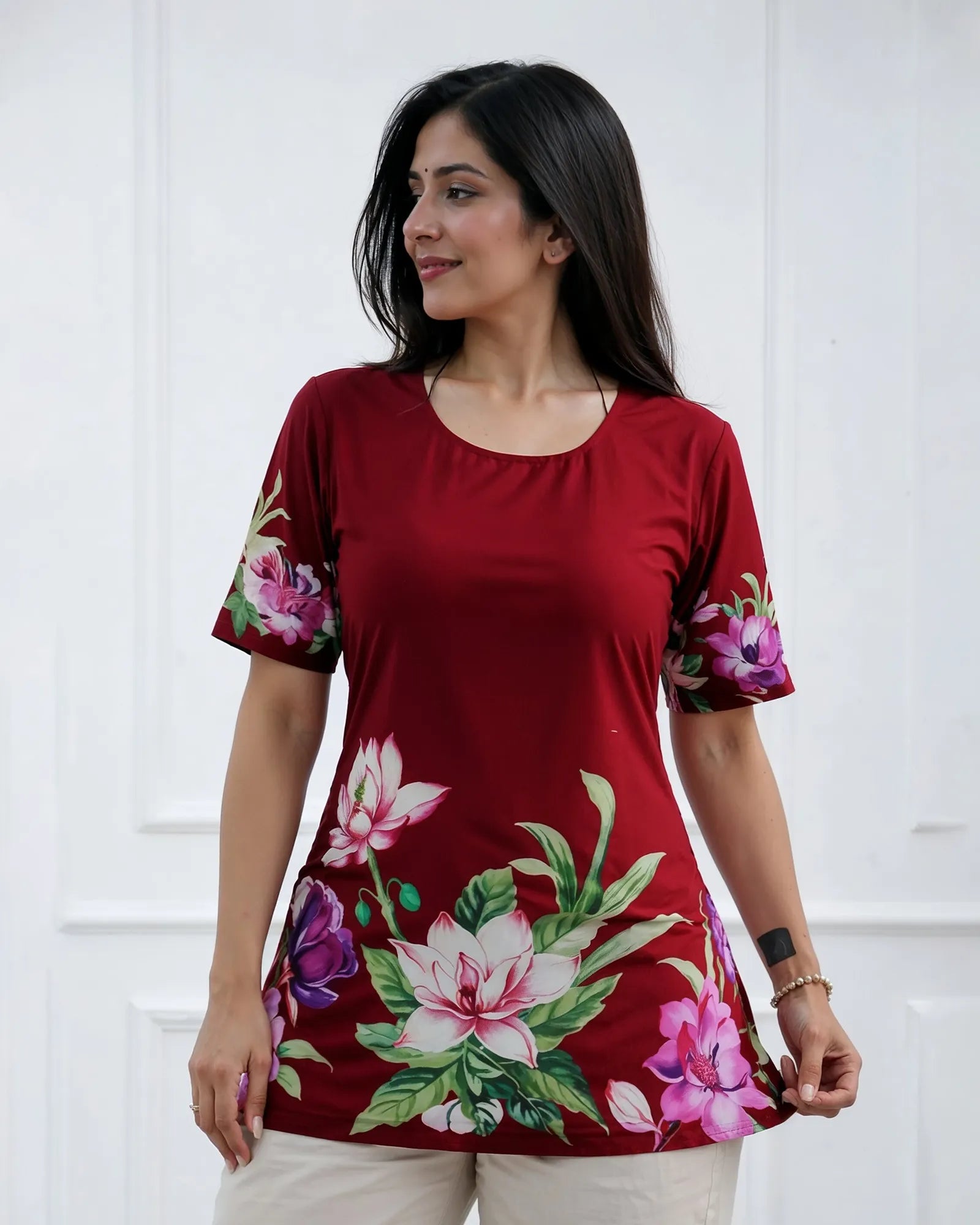 Ruby Red Bloom Floral Kurti Top