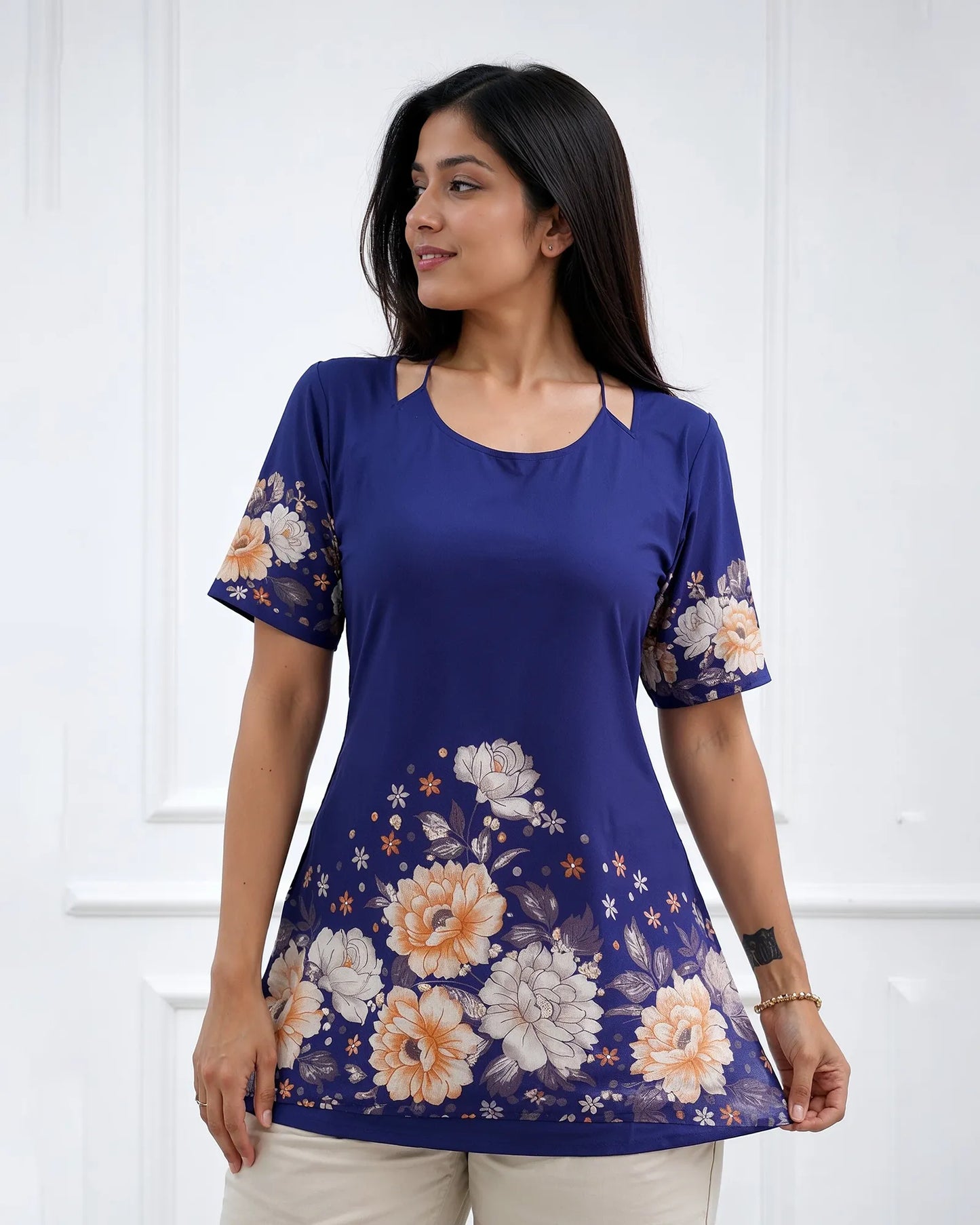 Midnight Blue Floral Border Kurti Top
