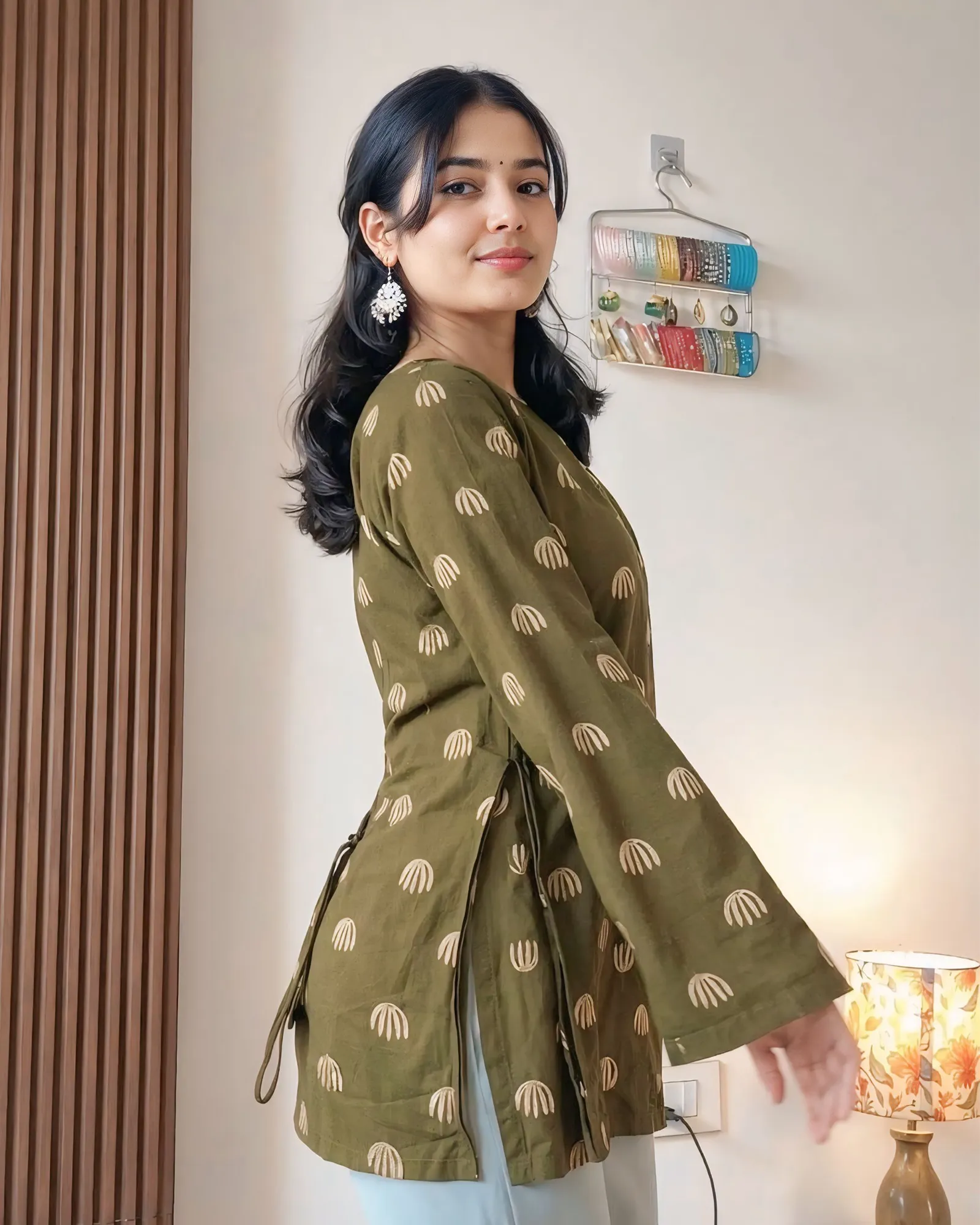 Earthy Olive Motif Elegant Kurti Top