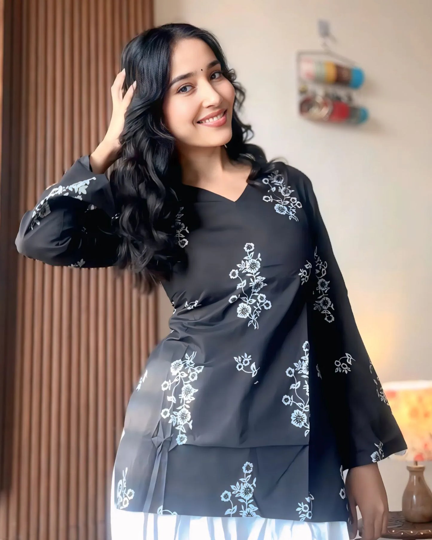 Classic Black & White Floral Kurti Top