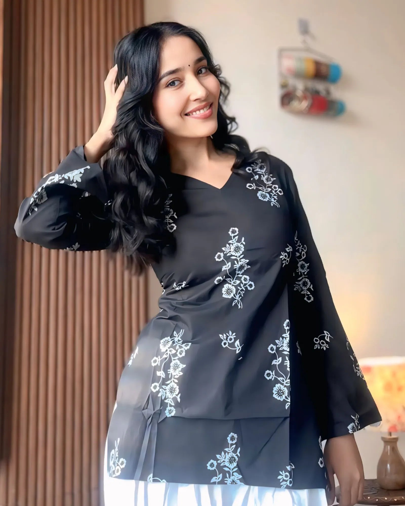 Classic Black & White Floral Kurti Top